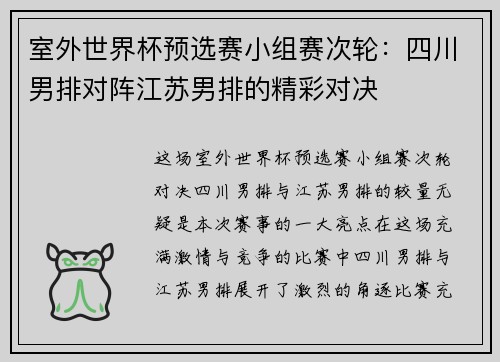 室外世界杯预选赛小组赛次轮：四川男排对阵江苏男排的精彩对决